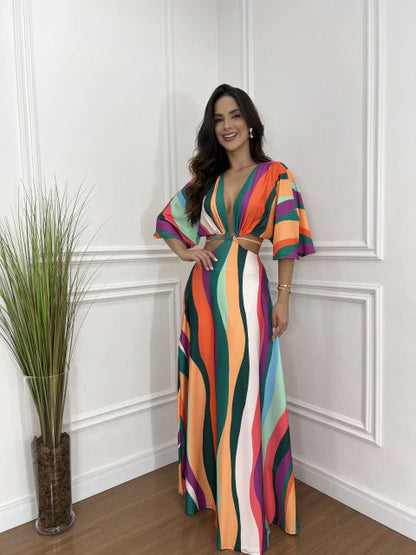 Color Matching Five Point Batwing Sleeve Cropped Outfit Strap Dress
