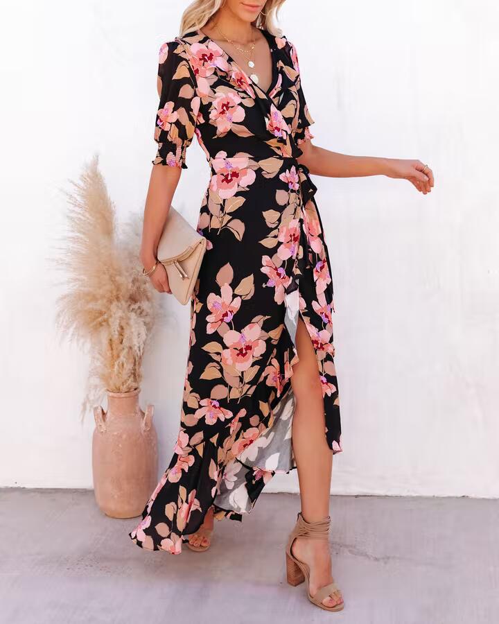 Floral Print Wrap V-Neck Puff Sleeve Ruffle Trim High-Low Maxi Dress