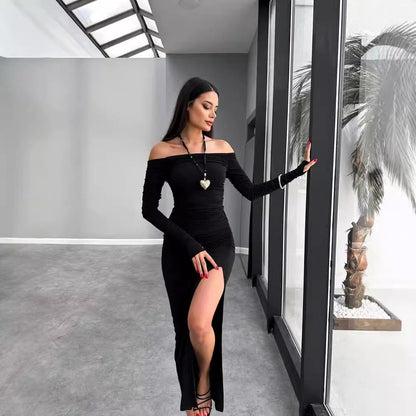 off Neck Backless Pleated Long Sleeve Narrow Split Dress