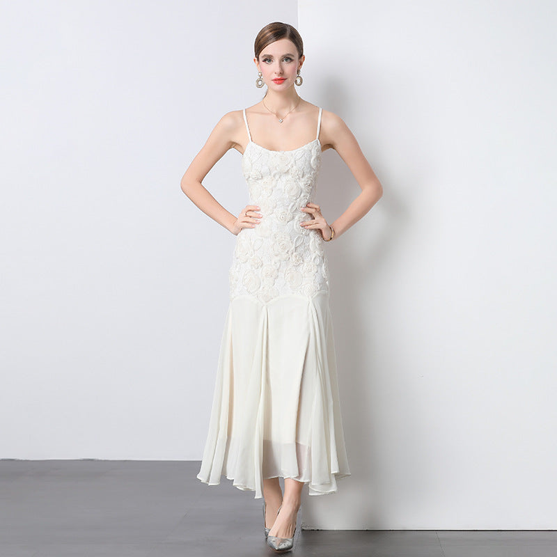 Spaghetti Strap 3D Lace Rosette Pleated Skirt Maxi Gown