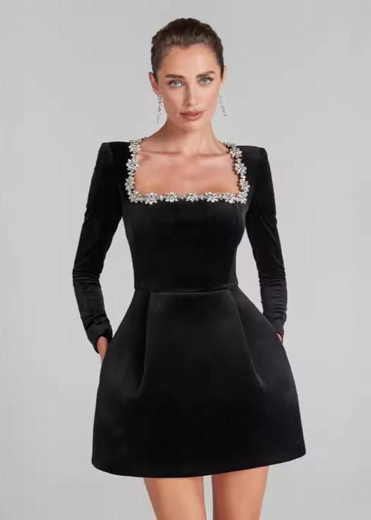 Square Neck Crystal Floral Trim Long Sleeve Velvet Mini Dress