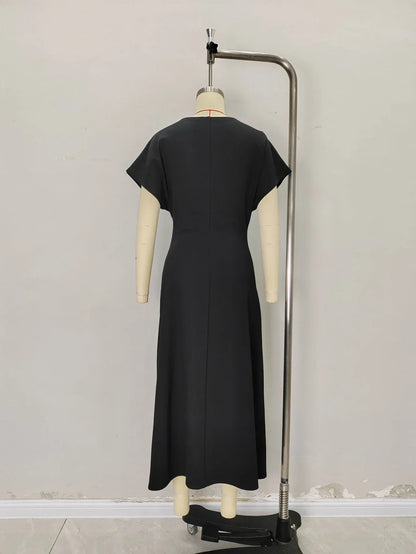 Summer Maxi Dress Draped Waist Short Sleeve