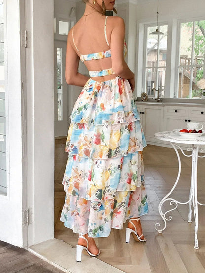 Tiered Chiffon Maxi Dress Floral Bridal Shower Summer Gown