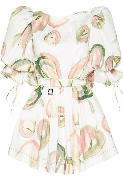 Round Neck Puff Sleeve Ruched Waistband Abstract Floral Print Mini Dress