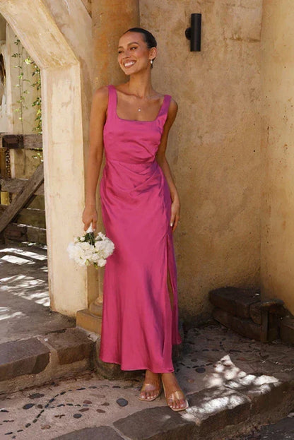 Satin Square Neck Wide Strap Side Slit Maxi Dress