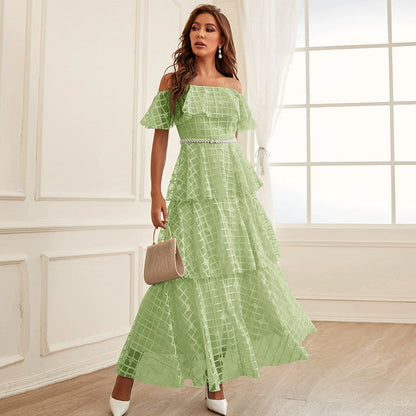 Off Shoulder Pearl Belted Tiered Ruffle Grid Print Organza Maxi Dress