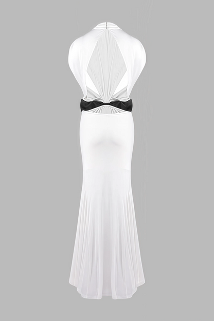 Gaelyra White Backless Satin Pleated Maxi Dress