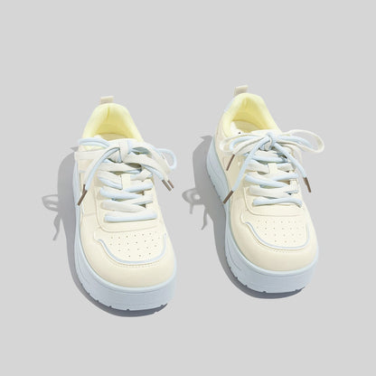 Women's Stylish Laced Up Beige Leather Sneakers With Platform Sole