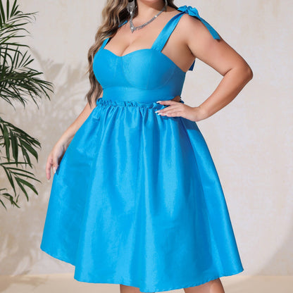 Plus Size Retro U Neck Shoulder Strap Backless High Waist Waist Tight Seaside Holiday Beach Dress