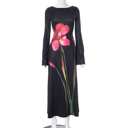 Intellectual Elegant round Neck Long Sleeve Back Hollow Out Cutout Print Length Dress