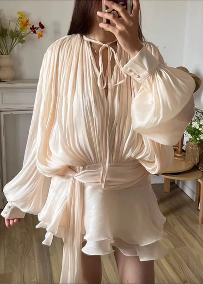 Pleated Tie Neck Bishop Sleeve Sash Waist Tiered Ruffle Mini Dress