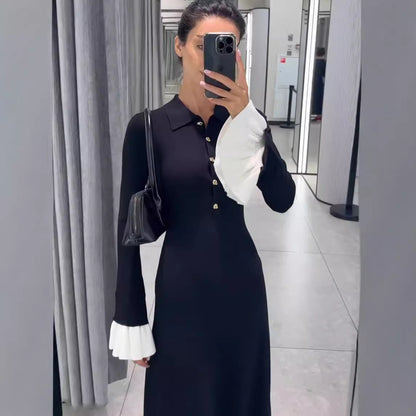 Dehaired Angora Covering Yarn Slimming Patchwork Long Sleeved Knitted Maxi Dress