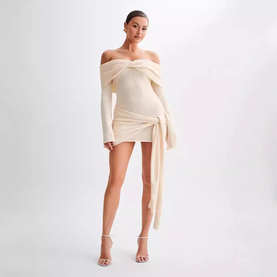 Off Shoulder Twist Front Long Sleeve Side Knot Tie Bodycon Mini Dress