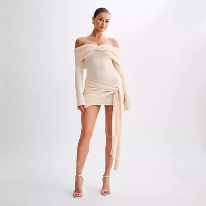 Off Shoulder Twist Front Long Sleeve Side Knot Tie Bodycon Mini Dress