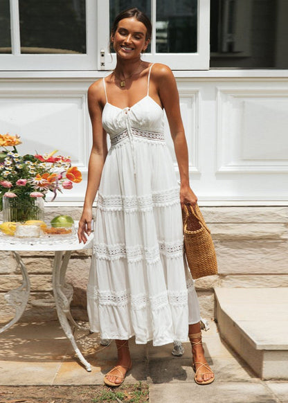 Sweetheart Tie Front Lace Trim Empire Waist Tiered Maxi Dress