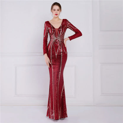 Positioning Floral Sequin Evening Banquet Elegant Long Sleeve Sequined Queen Fishtail Dress