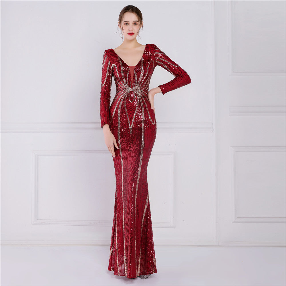 Positioning Floral Sequin Evening Banquet Elegant Long Sleeve Sequined Queen Fishtail Dress
