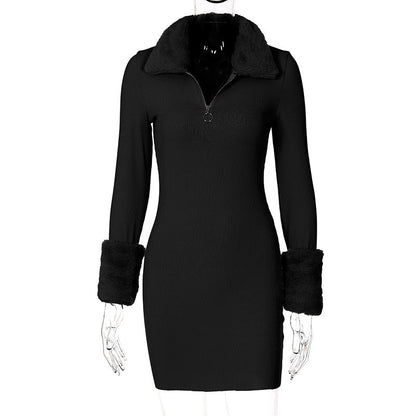 Dress Solid Color Knitted Fur Collar Stitching Plush