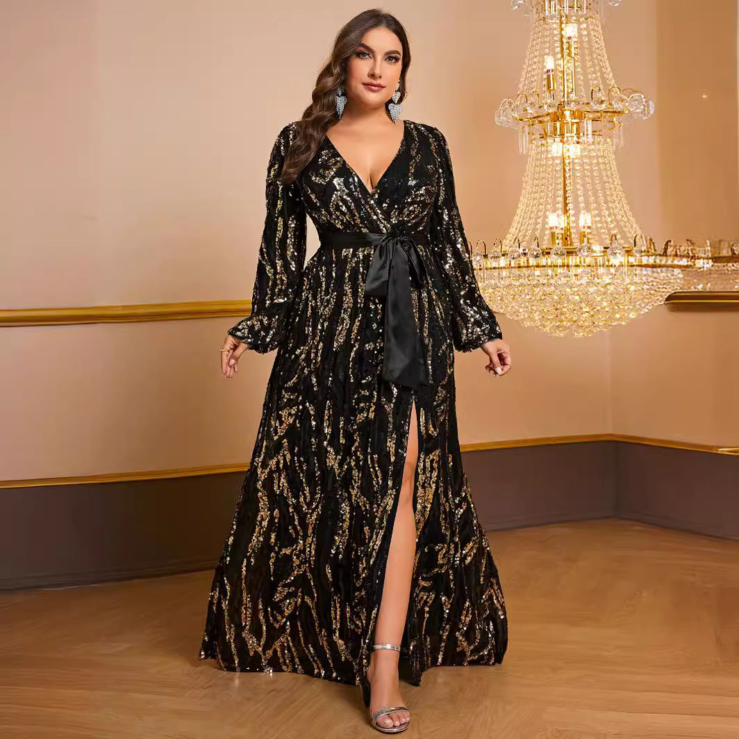Plus Size Prom Party Dress Sequined Cross V neck Long Sleeve Dress Including Belt
