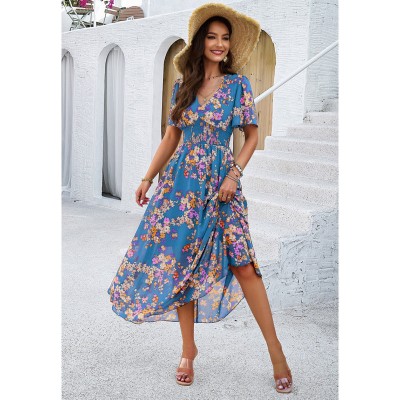 Floral Print V-Neck Smocked Waist Flutter Sleeve Maxi Dress