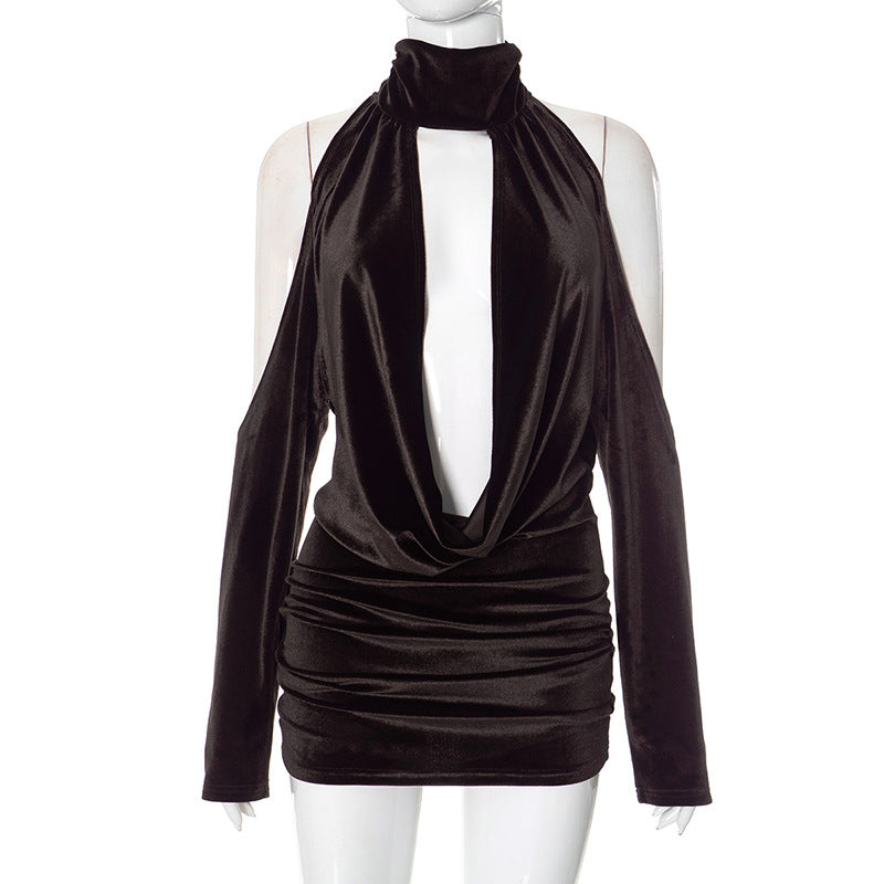 Halter Swing Collar Bare Back Velvet Dress
