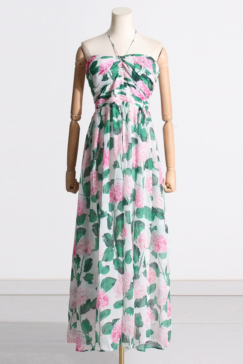 Floral Print Halter Neck Open Back Pleated Chiffon Maxi Dress
