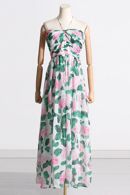 Floral Print Halter Neck Open Back Pleated Chiffon Maxi Dress