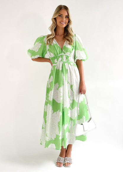 Printed V neck Puff Sleeve Large Swing Dress for