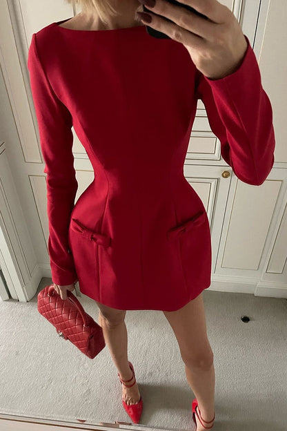 Budding Elegance Bow Detail Boat Neck Long Sleeve Mini Dress