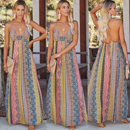 Deep V Neck Spaghetti Strap Boho Patchwork Print Empire Waist Maxi Dress