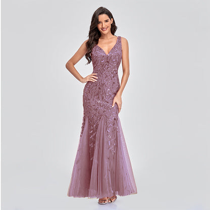 Evening Dress V neck Tulle Embroidered Sequ Mermaid Prom Formal Dress