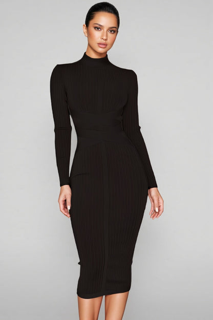 Elira Solid Colour Stand Collar Midi Dress-Black