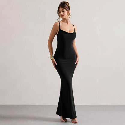 Lace Backless Sling Pockets Collar Dress Hip Dress