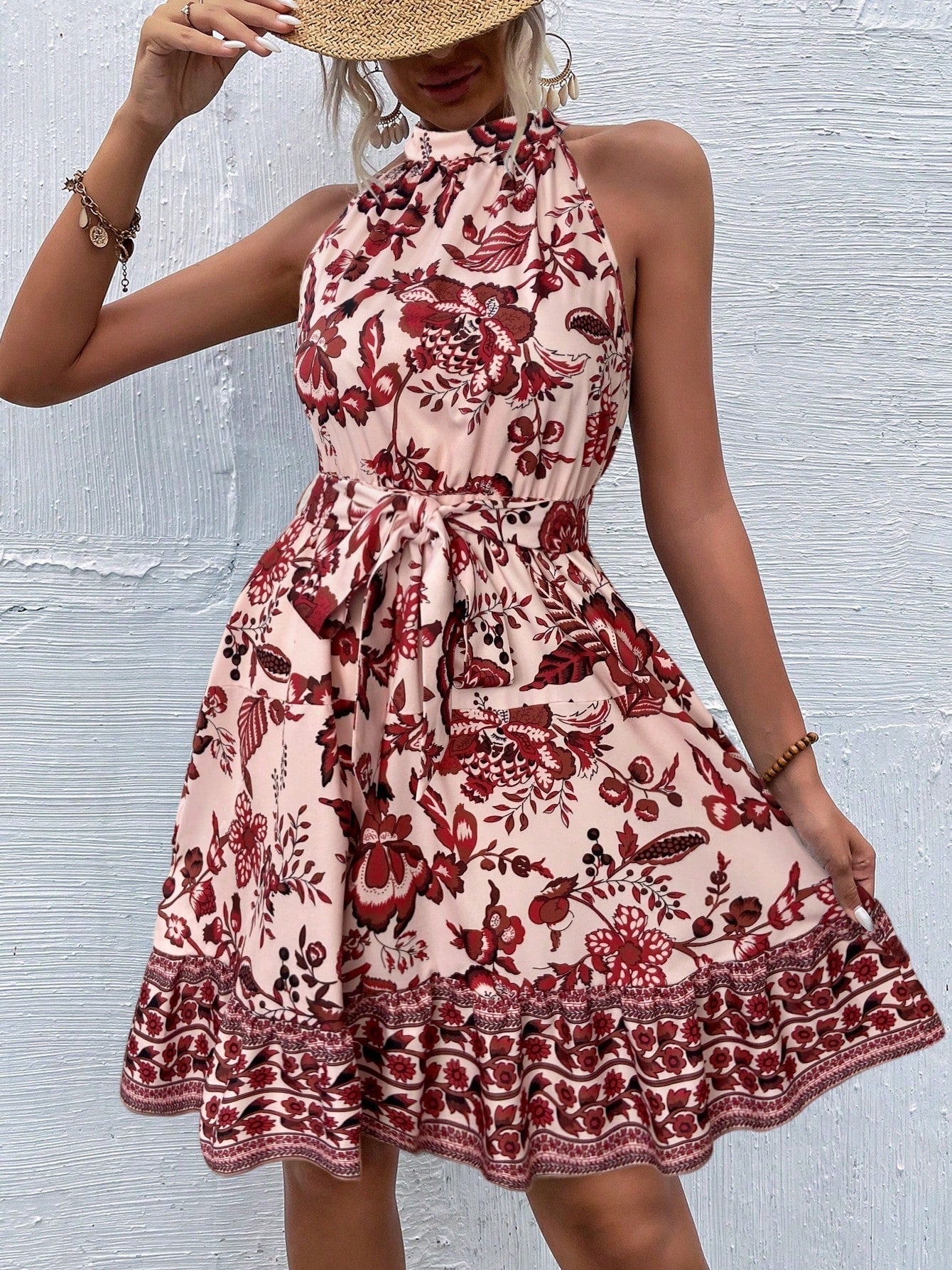 Botanical Floral Print Ruffle Halter Neck Tie Waist Border Hem Mini Dress