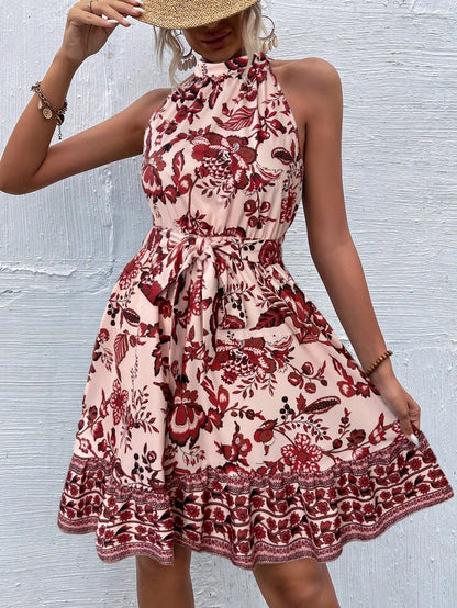 Botanical Floral Print Ruffle Halter Neck Tie Waist Border Hem Mini Dress