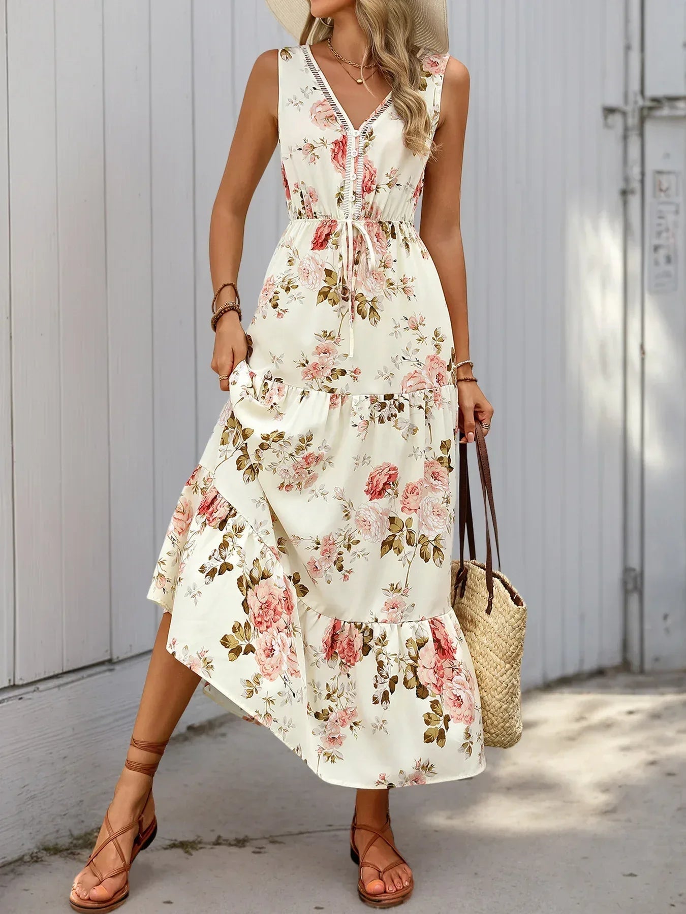Boho floral drawstring waist maxi dress