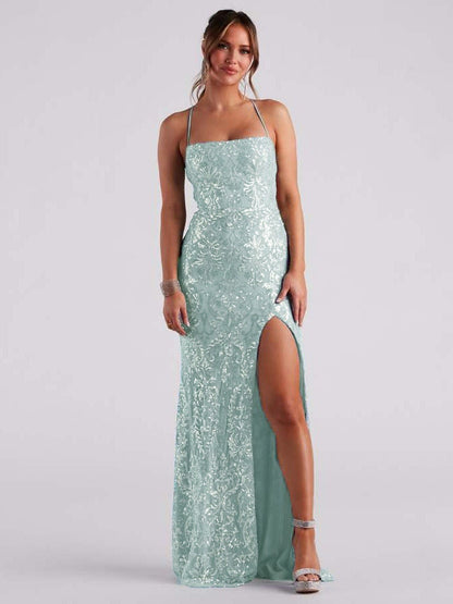 off Neck Sequined Floor Evening Dress Elegant Slit Cocktail Dress (3 Colors)