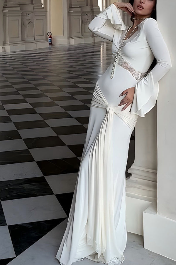 Fashion Lace Splicing Sexy V-neck Long-sleeved Slim Maxi Dress