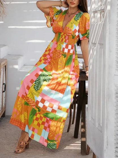 Tropical Floral Maxi Sun Dress for Women Orange