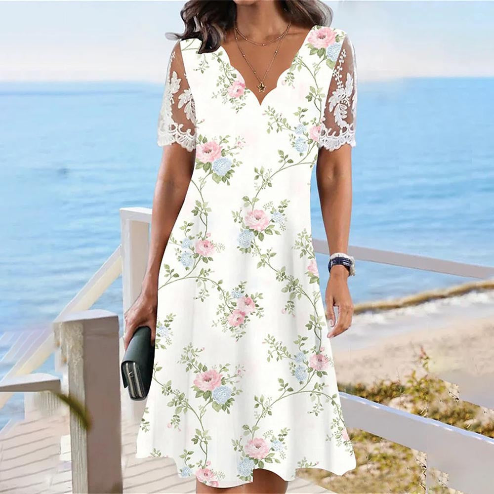 Large Floral Print Scalloped V-Neck Lace Short Sleeve A-Line Midi Dress