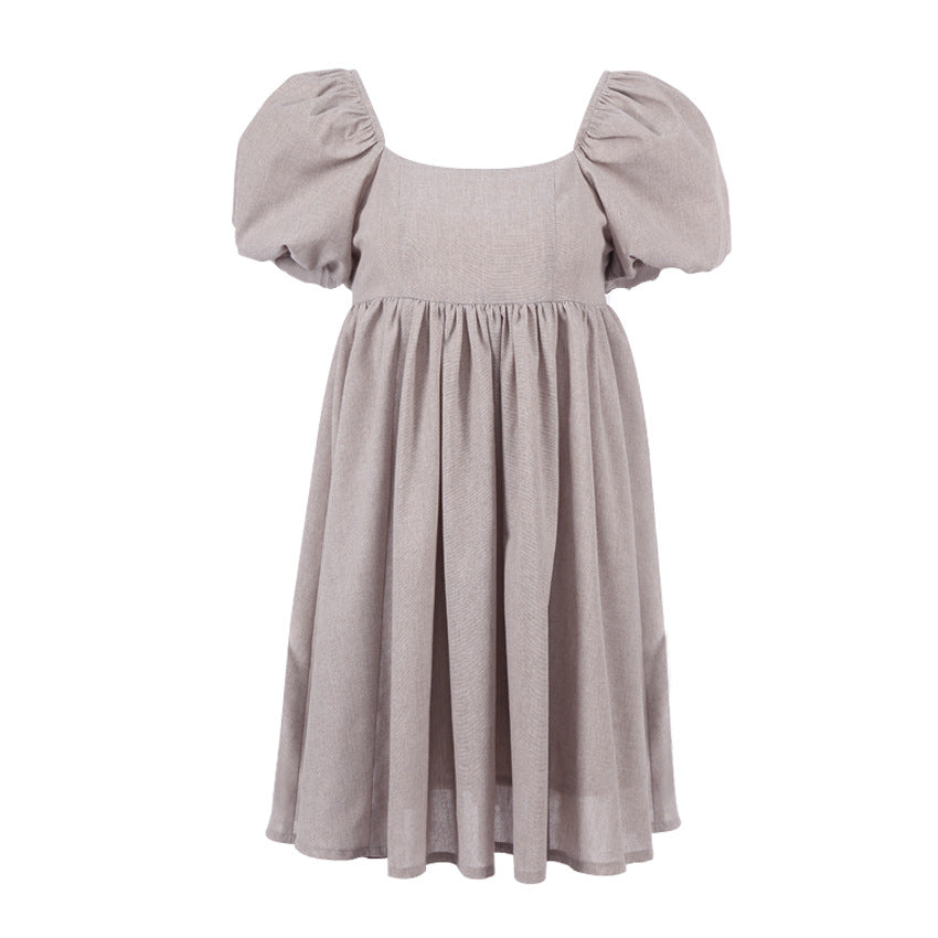 Square Neck Puff Sleeve Linen Babydoll Mini Dress