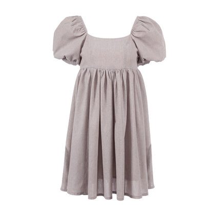 Square Neck Puff Sleeve Linen Babydoll Mini Dress