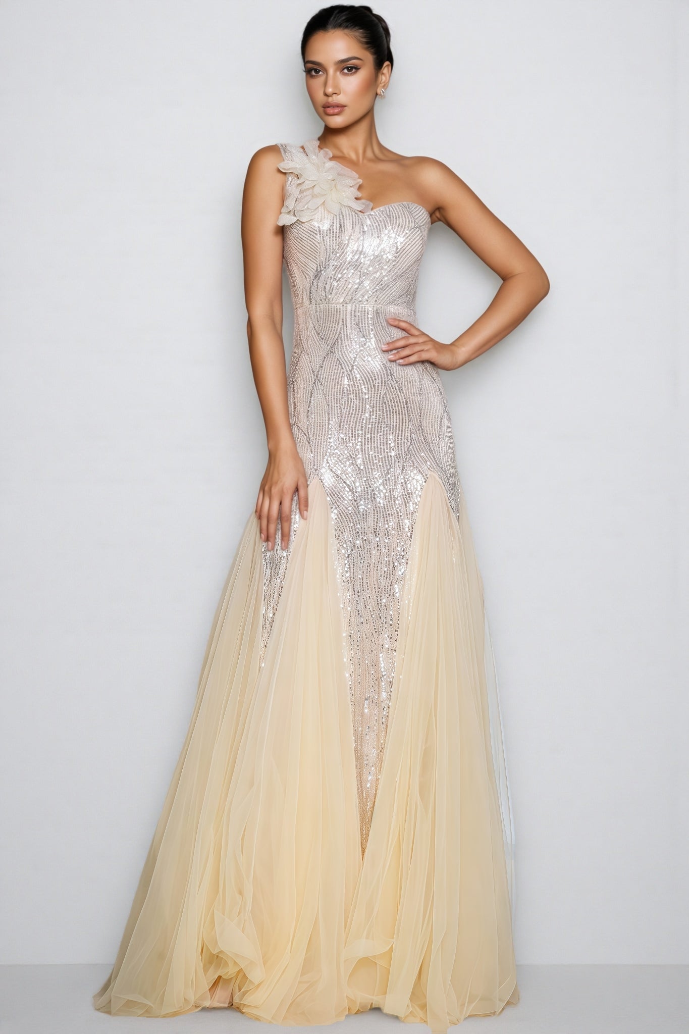 Trevt Single Shoulder Sequined Slit Maxi Dress