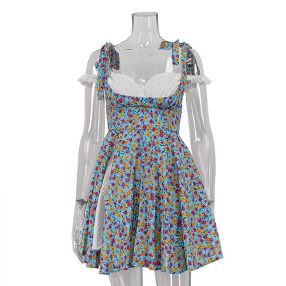 French Floral Slit Dress Niche Design Splicing Sling Dress