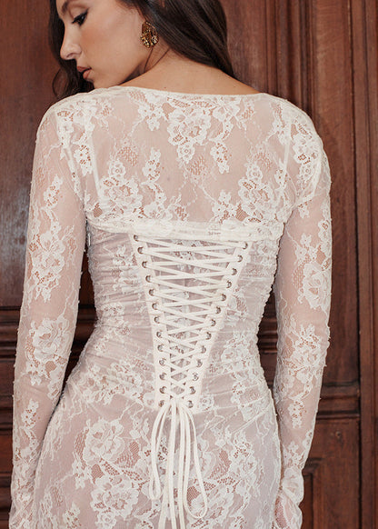 Square Neck Ruched Floral Lace Spaghetti Strap Long Sleeve Bolero Formal Maxi Gown
