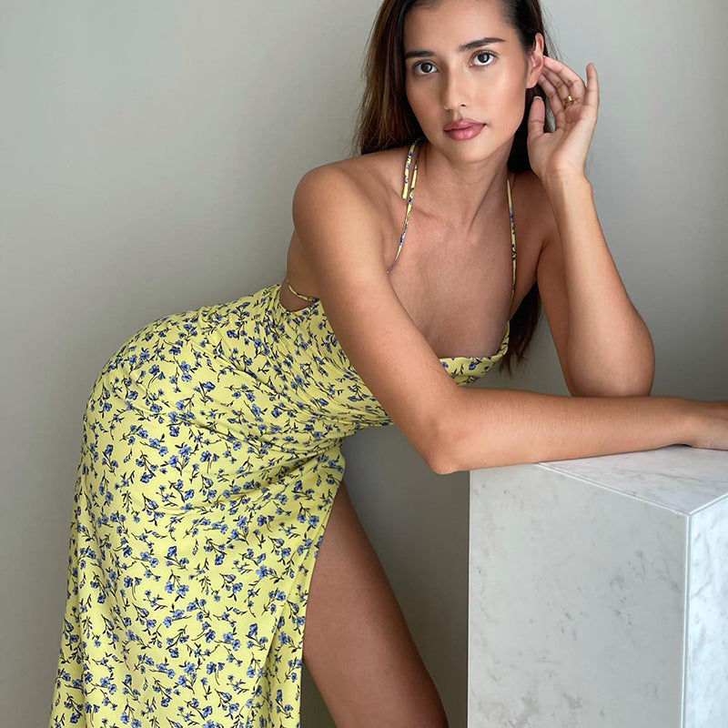 Ditsy Floral Print Halter Neck Tie-Front Ruched High-Slit Maxi Dress