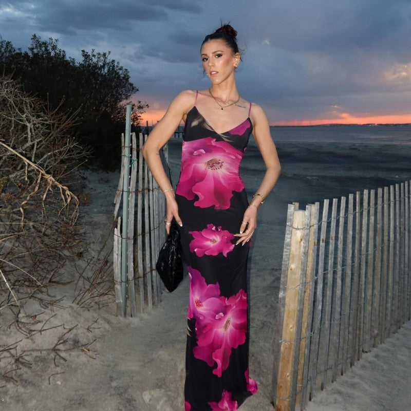 Large-Scale Floral Print Spaghetti Strap Bodycon Maxi Dress