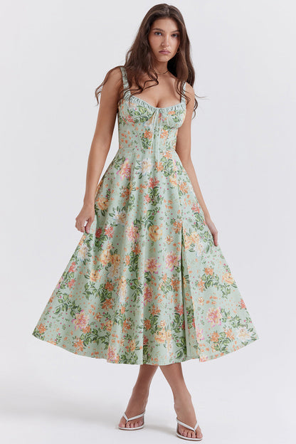 Printed Cami Dress Backless Slit Mid Length Dress for