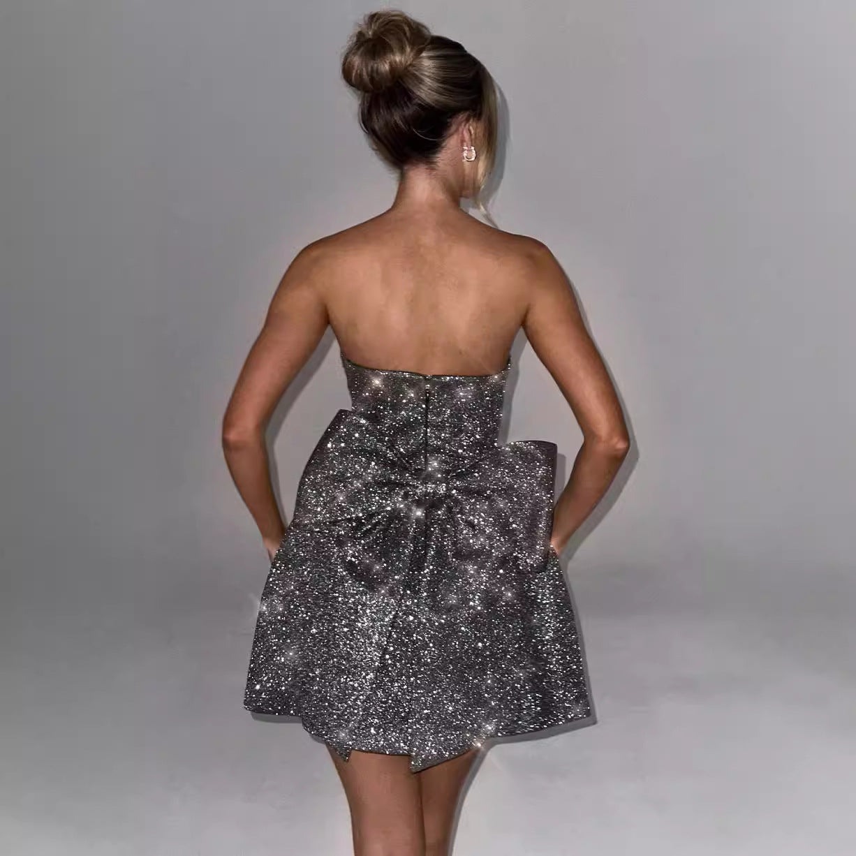 Strapless Sequin Bow Back Pocket A-Line Mini Dress