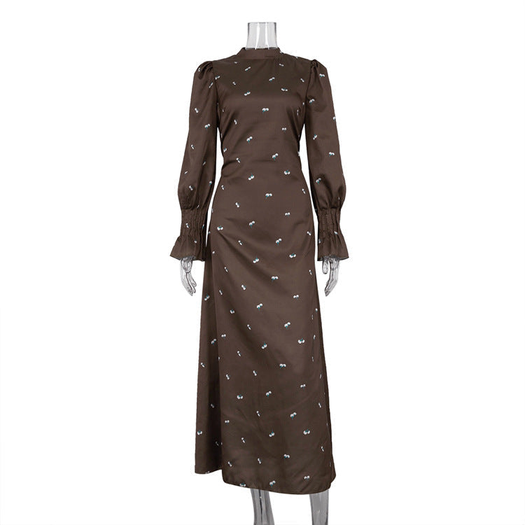 Printed round Neck Long Sleeved Dress Waist Controlled Drape Satin Dress